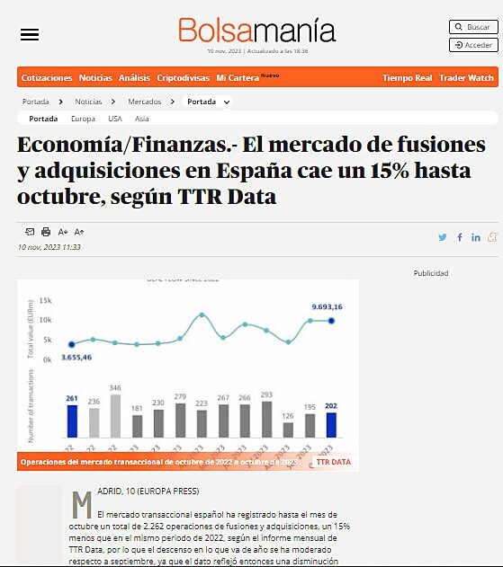 Economa/Finanzas.- El mercado de fusiones y adquisiciones en Espaa cae un 15% hasta octubre, segn TTR Data